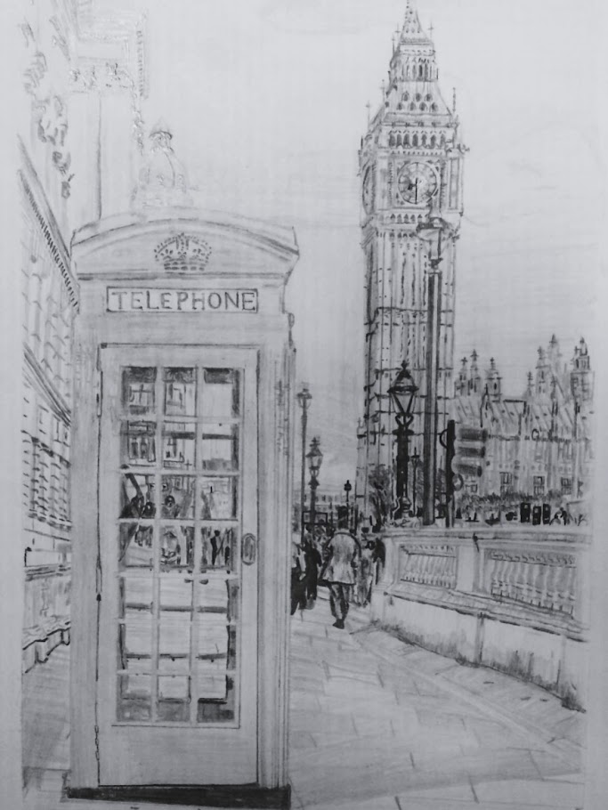 Drawing of Big Ben and a London telephone box