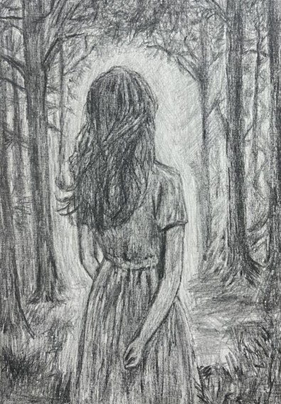 Drawing of a woman standing in a forest